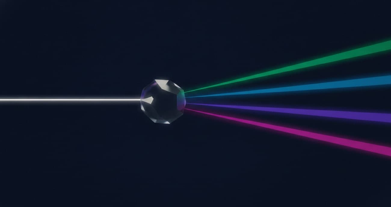 A single beam of light split by a prism into four coloured beams — one question, four engines