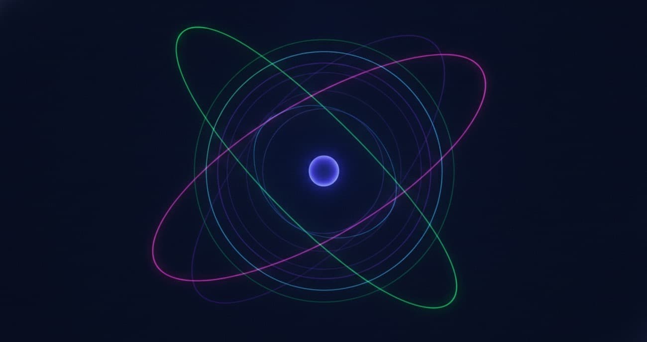 Glowing orbital rings of different hues around a small bright core