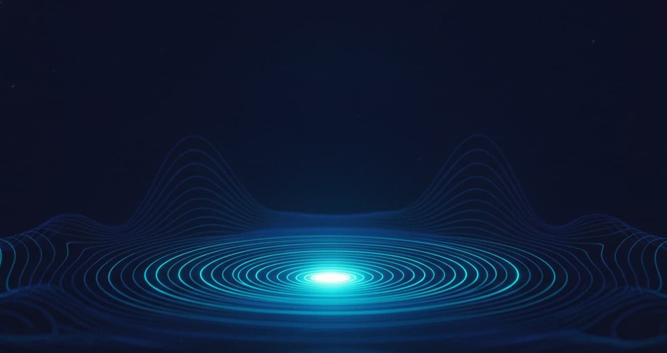 Concentric luminous signal waves radiating through dark water